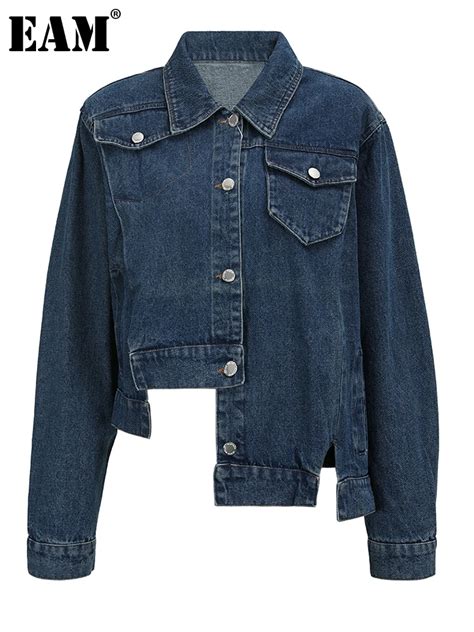 EAM Loose Fit Blue Asymmetric Denim Big Size Jacket New Lapel Long