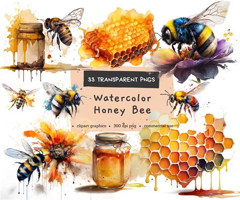 Watercolor Honey Bee Clipart Bundle Illustration Honey Bees - Etsy