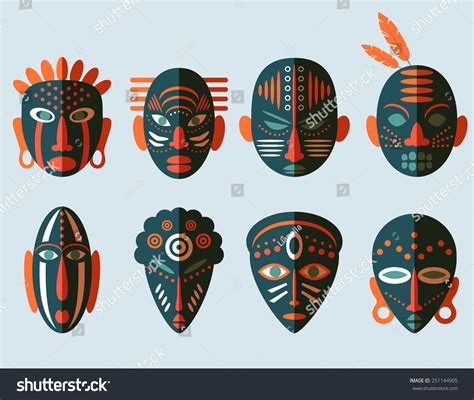 African Mask Icons. Flat Design. Tribal Ritual Symbols Stock Vector ...