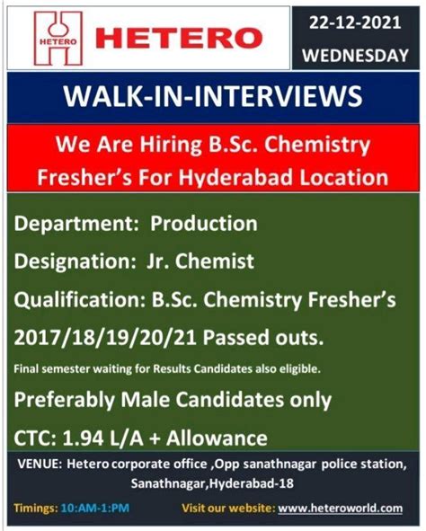 Hetero Walk In Interview For B Sc Chemistry Freshers For Production