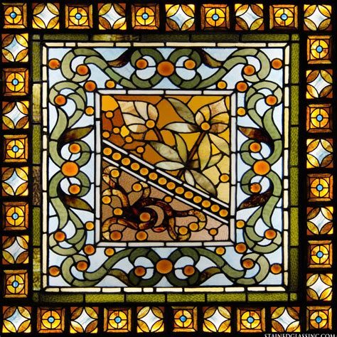 Green And Gold Filigree Square Stained Glass Window