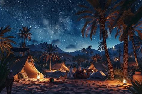 Premium Photo Desert Oasis With Palm Trees Tents And Camels Unde