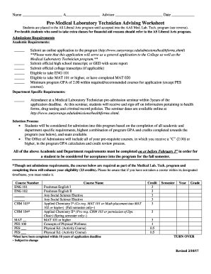 Fillable Online Pre Medical Laboratory Technician Advising Worksheet