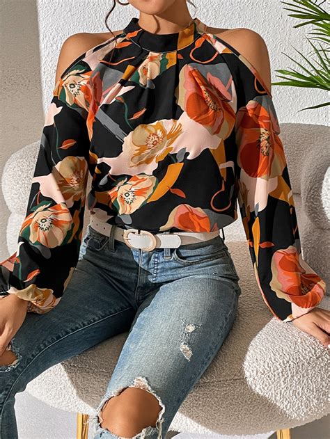 Shein Lune Blusa Con Estampado Floral De Hombros Descubiertos De Manga