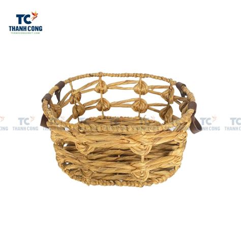 Water Hyacinth Basket With Leather Handles TCSB 23102