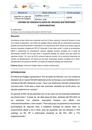 LINFOMA DE HODGKIN REFRACTARIO Y BENDAMUSTINA PDF