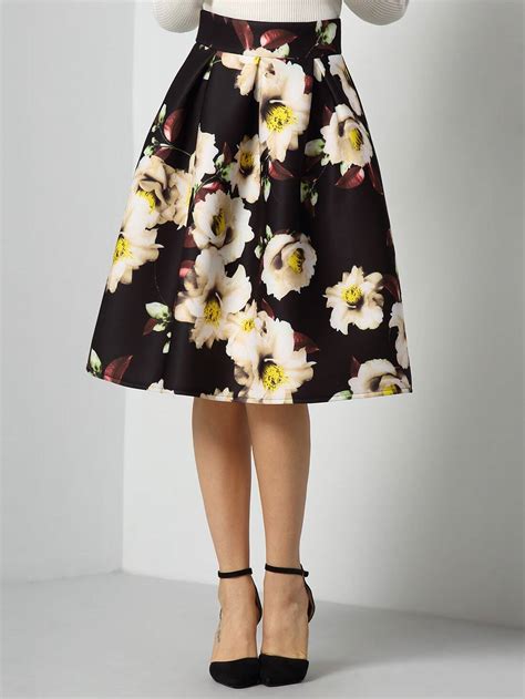 Black High Waist Floral Flare Skirt Shein Sheinside