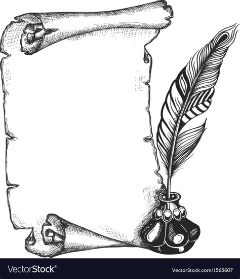 Vintage Paper Scroll and Feather with Inkwell - Sketch Style Illustration