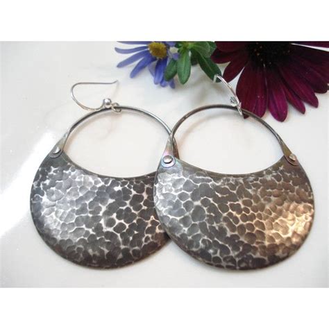 Hammered Oxidized Silver Riveted Hoops Modern Crescent Moon Earrings