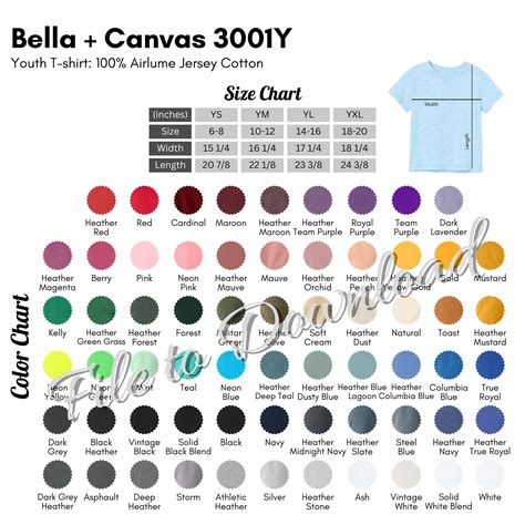 Bella Canvas Y Color Chart And Size Chart Bc Y Youth T Shirt