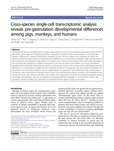 PDF Cross Species Single Cell Transcriptomic Analysis Reveals Pre