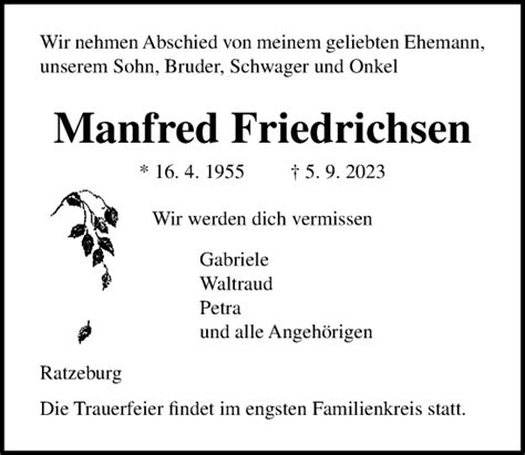 Traueranzeigen Von Manfred Friedrichsen Trauer Anzeigen De