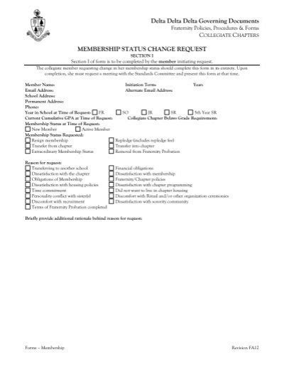 Membership Status Change Request Form Section I Pdf Tri Delta