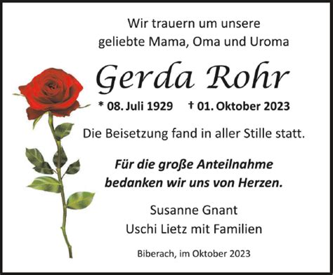 Traueranzeigen Von Gerda Rohr Schwaebische De Trauerportal