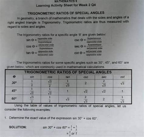 Solved MATHEMATICS 9 Learning Activity Sheet For Week 2 Q4