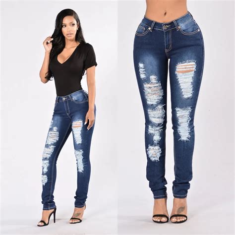 Buy S Xl 2016 Fashion Dark Blue Ripped Hole Mid Waist