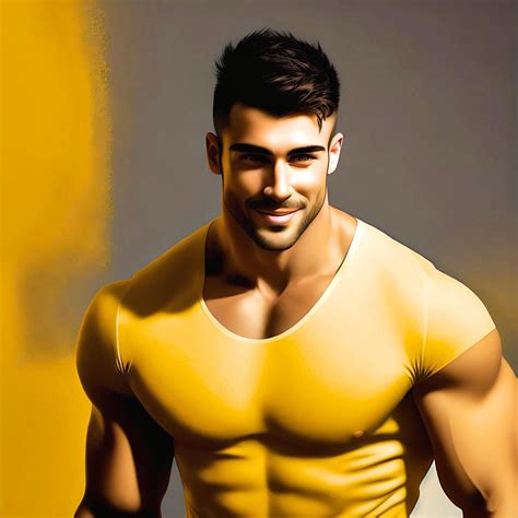 Un Hermoso Joven Masculino Hombre Con Amarillo Camiseta Mirando Sexy