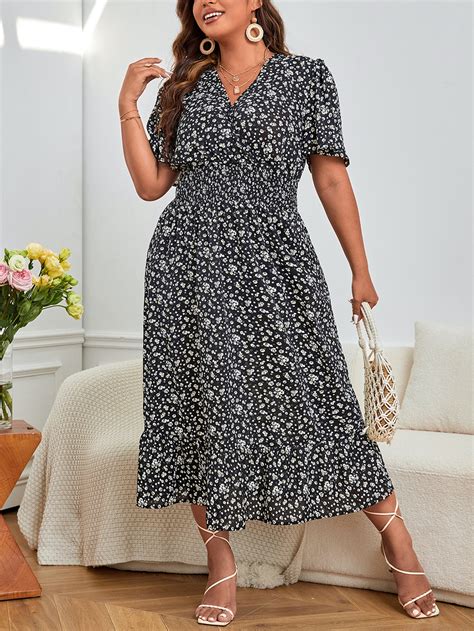 Shein Vcay Plus Ditsy Floral Print Butterfly Sleeve Dress Shein Uk