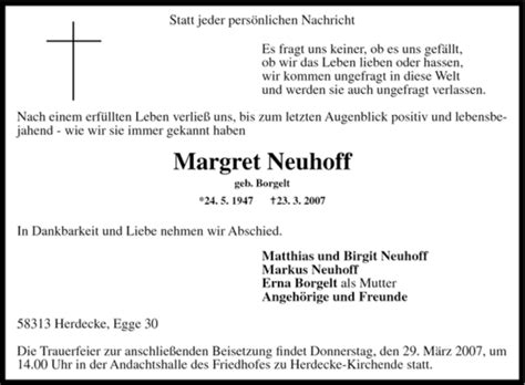 Traueranzeigen Von Margret Neuhoff Trauer In Nrw De