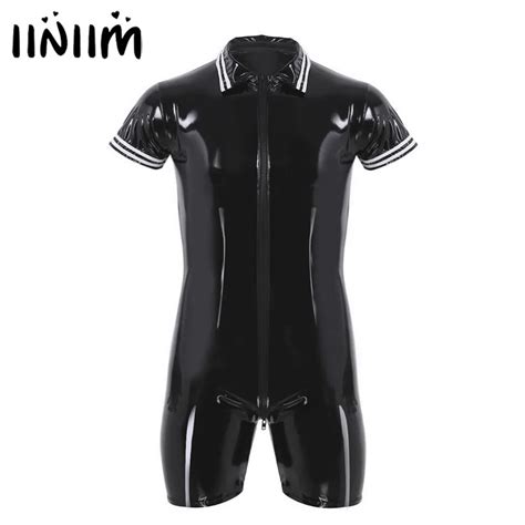 Mens Gay Bodysuit Sexy Underwear One Piece Wetlook Patent Leather Short Sleeve Front Zipper