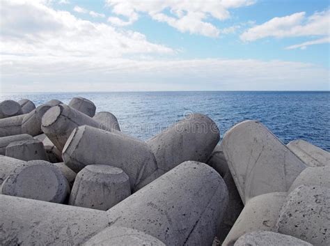 Concrete Interlocking Tetrapods Used To Prevent Coastal Erosion Placed