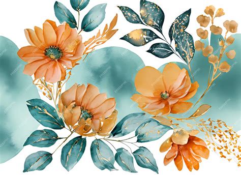 Premium Ai Image Watercolor Teal Orange Flowers