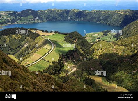 View Into The Volcanic Crater Caldera Sete Cidades In The Back Right