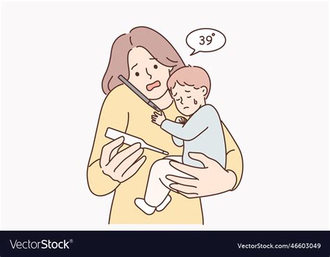 Woman with sick baby holding thermometer Vector Image