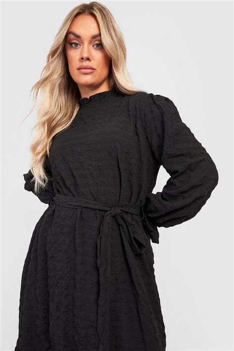 Dresses Plus Textured High Neck Frill Hem Midi Dress Boohoo