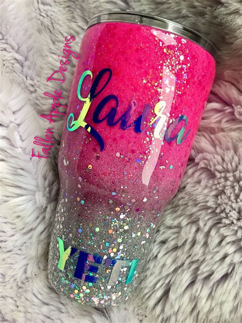 Hot Pink To Silver Glitter Personalized Tumbler Etsy Yeti Cup Designs Tumbler Designs