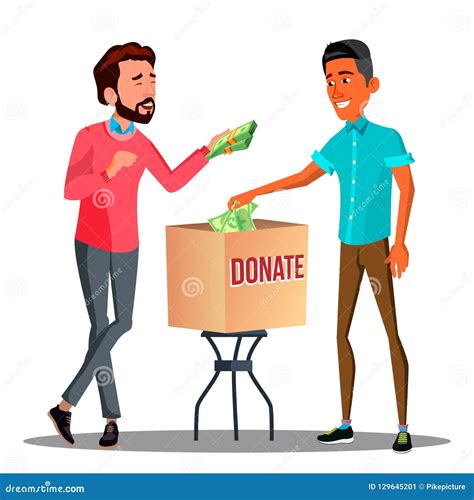 Two Businessmen Putting Money In A Donation Box Vector Isolated