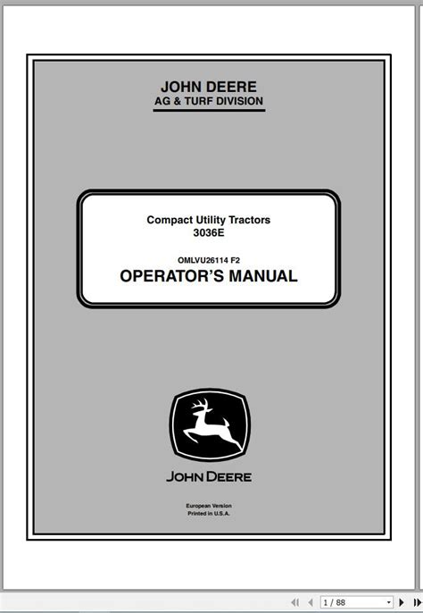 John Deere Tractors 3036E SN 301620 Operator Manual OMLVU26114 F2 2012 PDF