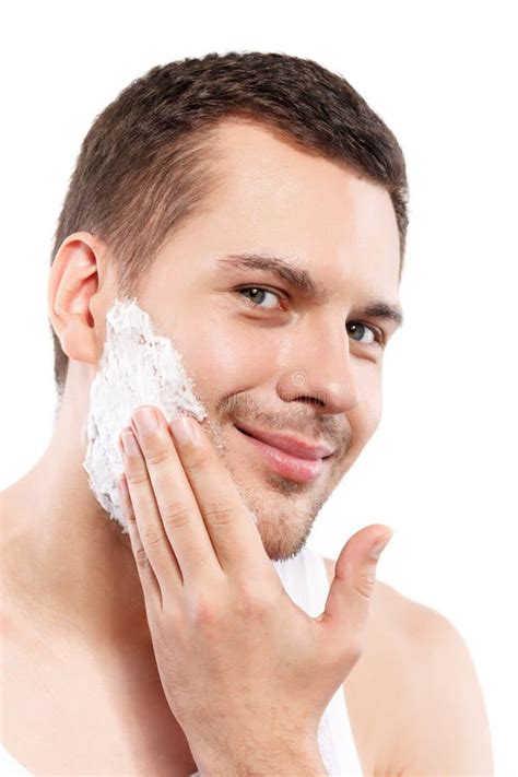 Attractive Guy Applies Cream To Shave Stubble Stock Image Image Of