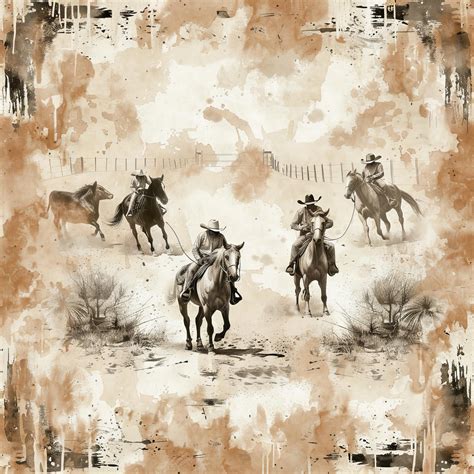 Cowboy And Cows Seamless Drawing Running Horse Wild West Watercolor