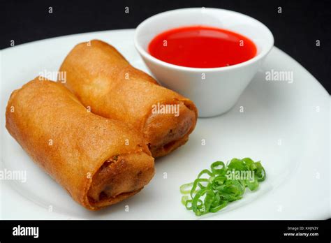 Chinese Egg Rolls Or Spring Rolls With Sweet And Sour Sauce Stock