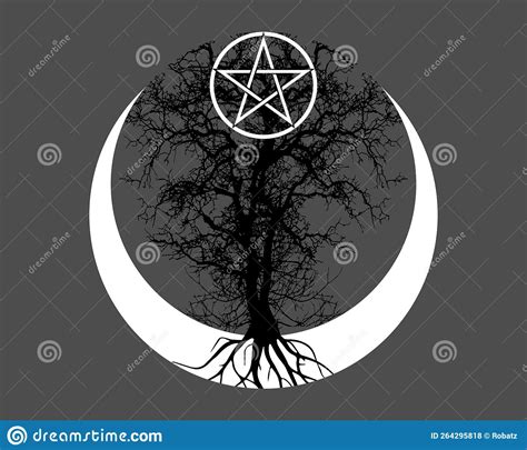 Mystical Moon Tree Of Life And Wicca Pentacle Sacred Geometry Logo Crescent Moon Half Moon