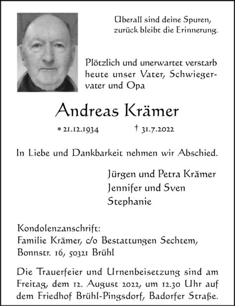 Traueranzeigen von Andreas Krämer WirTrauern