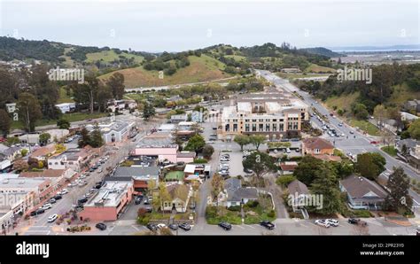 Afternoon aerial view of the historic downtown urban core of Novato ...