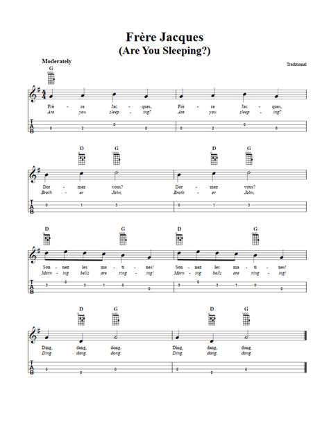 Frere Jacques Easy Baritone Ukulele Sheet Music And Tab With Chords