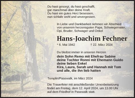 Traueranzeigen Von Hans Joachim Fechner Trauer Nordkurier