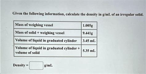 SOLVED Given The Following Information Calculate The Density In G