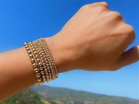 14k Gold Filled Bead Bracelets Stretch Fit Gold Ball Bracelet Etsy