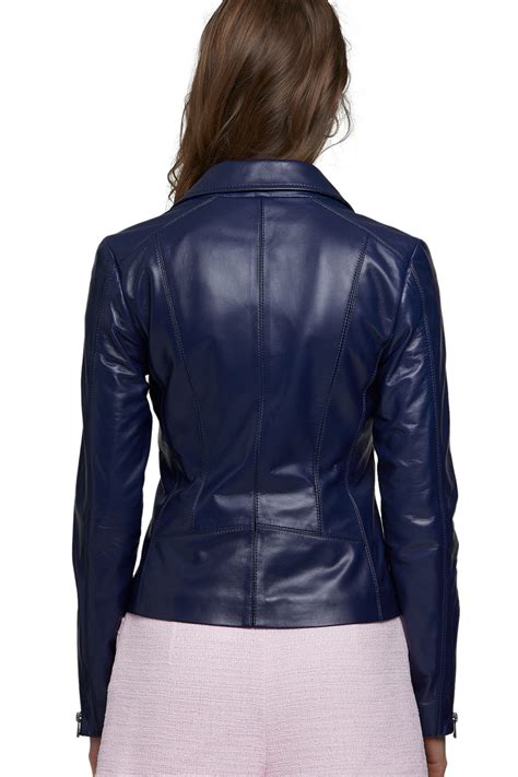 Ashley Graham Womens 100 Real Navy Blue Leather Jacket