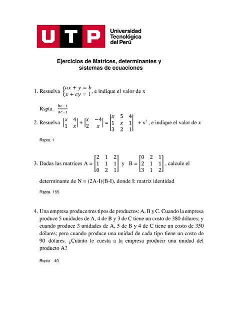 S07 S1 Ejercicios De Matrices Determinantes Matematicas UTP Studocu