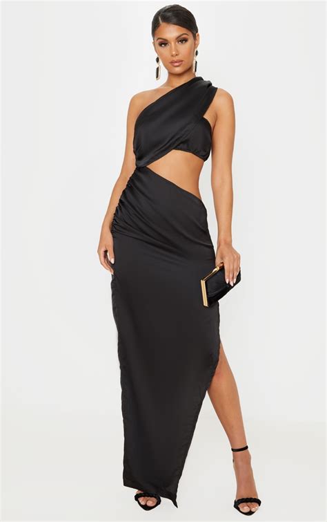 Black One Shoulder Cut Out Satin Maxi Dress Prettylittlething Ca