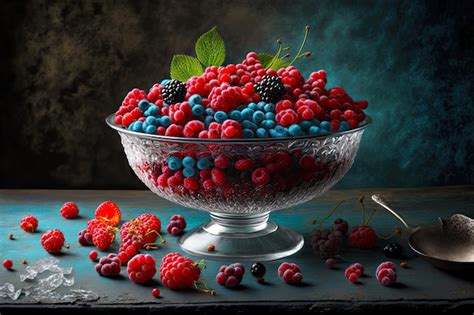 Cerezas de frambuesas y bayas congeladas en un tazón sobre la mesa