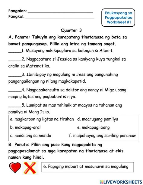 ESP Pasasalamat Sa Karapatan Worksheet