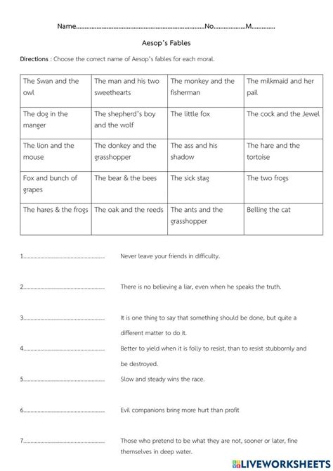 Aesop S Fables Interactive Worksheet Live Worksheets