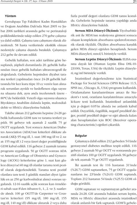 Gestasyonel Diabetes Mellitus Tan Ve Taramas Nda Maternal Serum Leptin