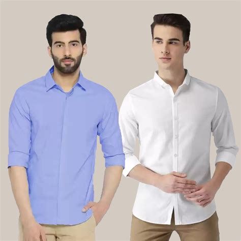 Buy Slim Fit Solid Collar Casual Shirt White And Sky Blue Combo Of